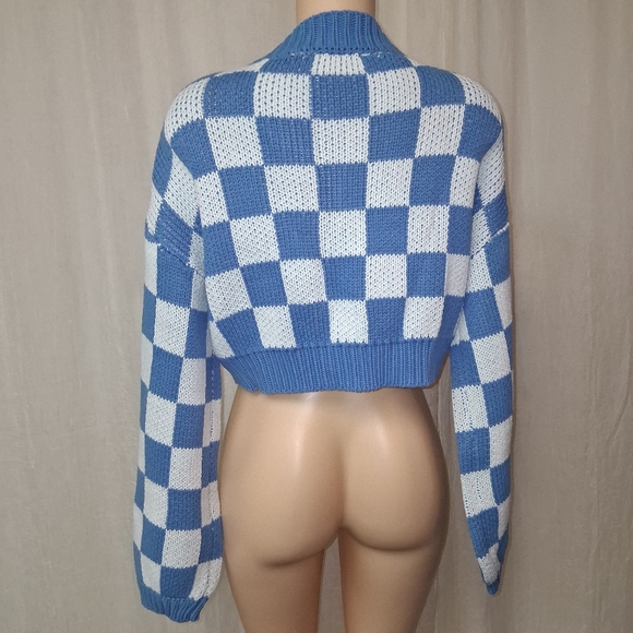 Blue Blush Blue and White Checkered Cardigan Women Size L - Picture 8 of 16